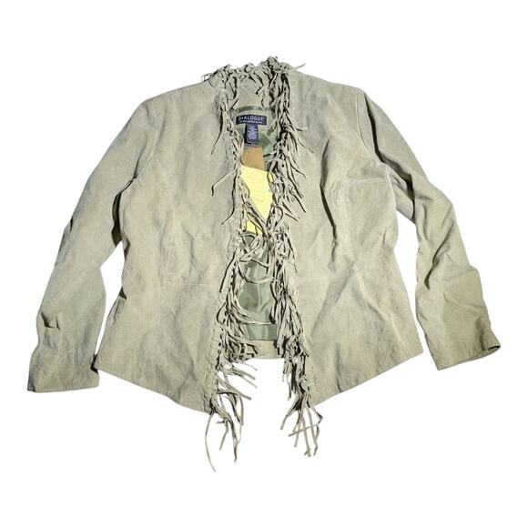 Vintage Jackets & Blazers - Vtg Y2K Dialogue Pale Green Fringe Trim Open Front Western Suede Jacket Sz M NWT